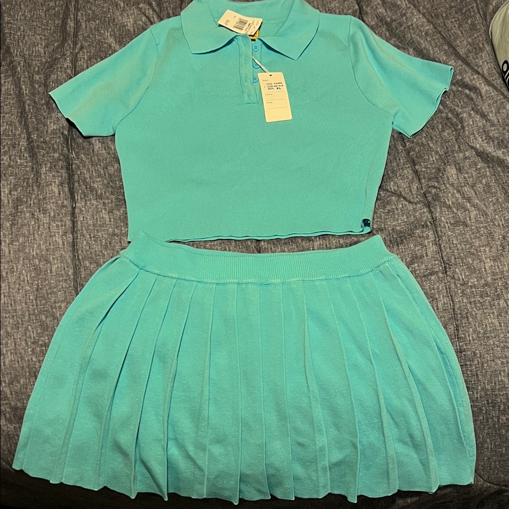 NWT Aqua Knit Polo Crop Top & Pleated Skirt Set